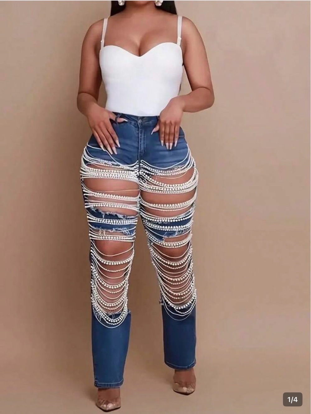 Pearl-Embellished Distressed Blue Jeans - Women. NWOT